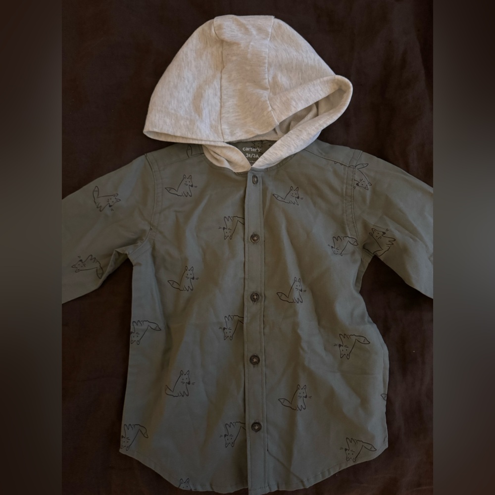 Carter's Green Button-Up Shirt with Fox Design 3T Brand New